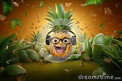Generative AI Image of Pineapple Fruit Character Wearing Headphone with Happy Expression Stock Photo