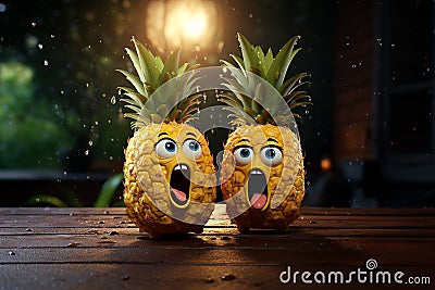Generative AI Image of Pineapples Fruit Character with Cute Expression on Wooden Table Stock Photo