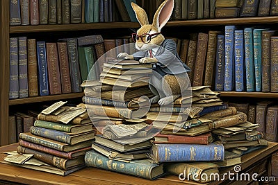 A generative AI image portrays a rabbit busy at work in an office environment Stock Photo