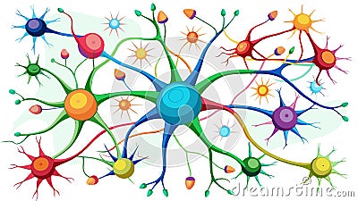 This image showcases a colorful 3D-rendered model of neurons, highlighting their interconnected structure and the intricate neural Stock Photo