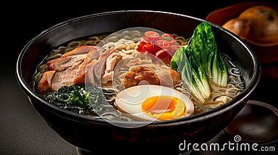 Ramen: A Japanese cuisine, a bowl of steaming broth with umami flavors, adorned with springy noodles Stock Photo