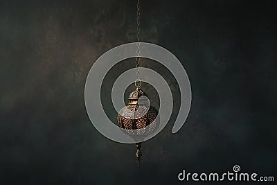Generative AI Image of Round Islamic Lantern Hanging on Dark Ornament Background Stock Photo