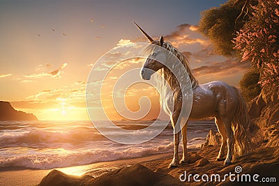 Generative AI Image of a Shiny White Unicorn Standing on the Beach at Sunset Stock Photo