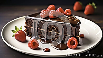 Generative AI image of a fresh chocolate and raspberry cake Stock Photo