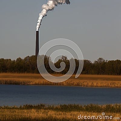 Generative AI image of a smoke stack and plume behind a row or trees cutting through a clear sky. Cartoon Illustration