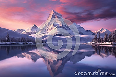 Generative AI Image of Snowy Mountains Landscape with Dramatic Sky at Dusk Stock Photo