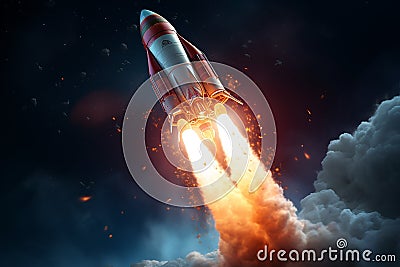 Generative AI Image of Spaceship Rocket Journey to Outer Space with Fire Smoke in the Sky Stock Photo
