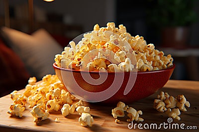 Generative AI Image of Sweet Popcorn Snack in a Red Bowl at Home Stock Photo