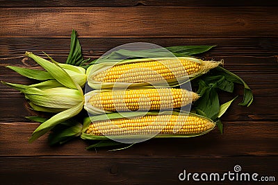 Generative AI Image of Top View of Yellow Corns on Wooden Table Stock Photo