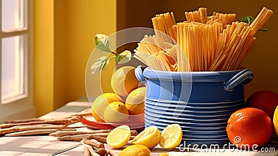 Uncooked linguine pasta, featuring long, slender strands with a smooth texture Stock Photo