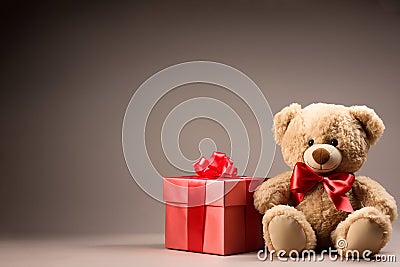 Generative AI Image of Valentine Day with Teddy Bear Gift on Grey Background Stock Photo