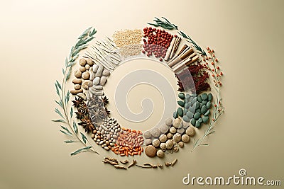 Generative AI Image of Variety of Traditional Herbal Medicines Arranged in Circle on Beige Background Stock Photo
