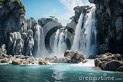 Generative AI Image of Waterfall on Rocky Cliffs in Bright Day Stock Photo