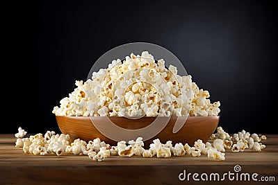 Generative AI Image of White Popcorn Snack in a Wooden Bowl Stock Photo