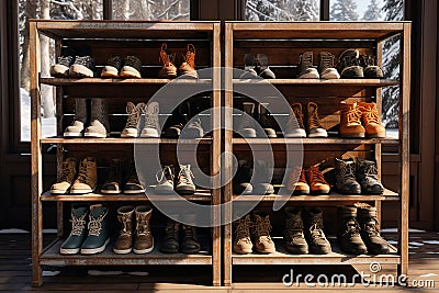 Generative AI Image of Winter Inside the House with Collection of Shoes on Wooden Shelf Stock Photo