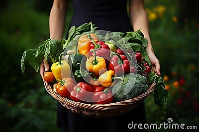 Generative AI Image of Woman Holding Fresh Vegetables in Basket Stock Photo