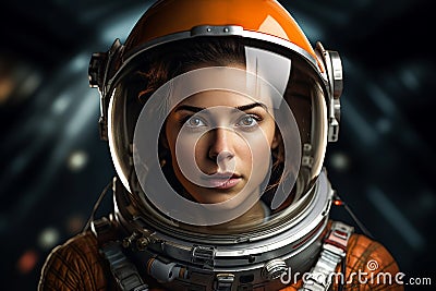 Generative AI Image of Woman Wearing Astronaut Helmet to Exploring Outer Space Stock Photo