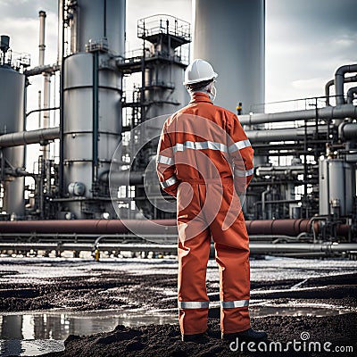 Generative AI image of a worker at a chemical facility observing a environmental release. Stock Photo