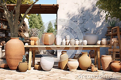 Generative AI Images of Aesthetic Pottery Jug Craft Collection in Outdoor Stock Photo