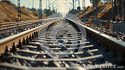 Generative AI Infrastructure development project with laying of railway tracks equipped with overhead electric pol Stock Photo