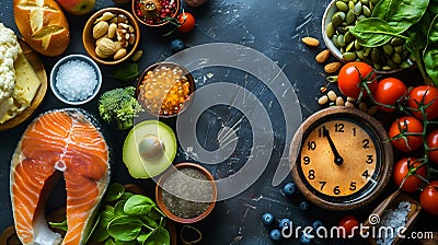 Generative AI Intermittent fasting IF and ketogenic diet concept with 8hour clock timer for eating nutritional or Stock Photo