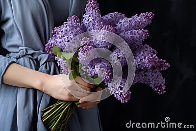 Generative AI International Women& x27;s Day. A woman in a blue dress holds a lush bouquet of lilacs. Close-up view Stock Photo