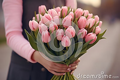 Generative AI International Women's Day. A woman holds a bouquet of pink tulips. Close-up view. Happy Mother's Stock Photo