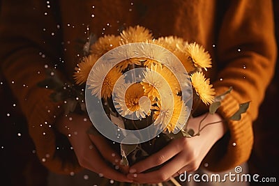 Generative AI International Women's Day. A woman in an orange sweater holds a bouquet of yellow dandelions Stock Photo