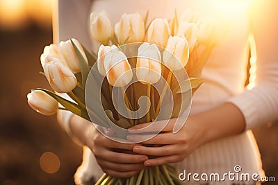 Generative AI International Women& x27;s Day. A woman in a white dress holds a lush bouquet of white tulips at sunset Stock Photo