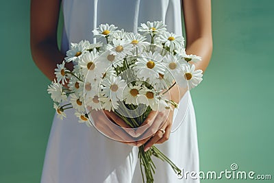 Generative AI International Women& x27;s Day. Young woman in white dress holds a lush bouquet of wild daisies. Close Stock Photo