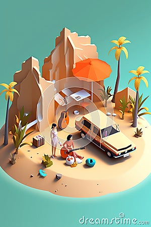 Generative AI Isometric Tropical Beach Vacations- Cartoon Illustration