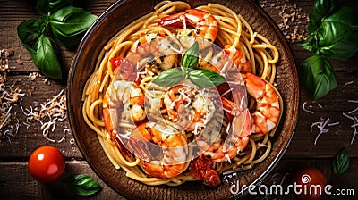 Generative AI italian pasta with seafood, cheese and tomato sauce close-up on a plate Stock Photo