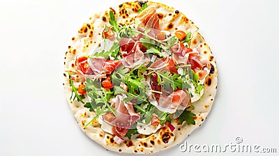 Generative AI Italian street food flat lay with piadina isolated on a white background Piadina romagnola Italian Stock Photo