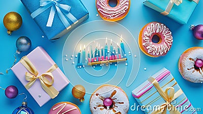 Generative AI Jewish holiday Hanukkah concept Frame of traditional jelly donuts menorah candles and gift boxes on Stock Photo