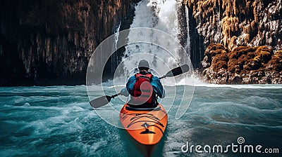Generative AI, kayak raft river waterfall, extreme sport concept, kayaking Stock Photo