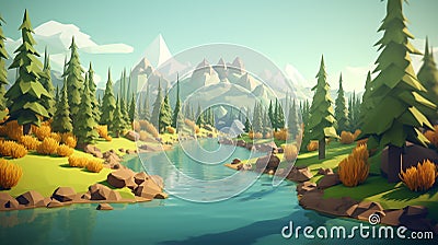 Generative AI a landscape that represents a lake, a hill, mountains Stock Photo