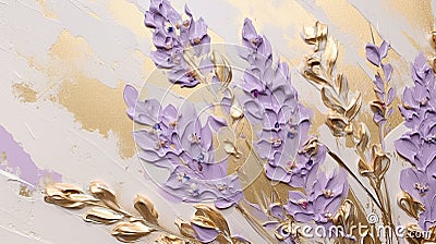 Generative AI, lavender branches hand drawn oil painting with golden leaves Stock Photo