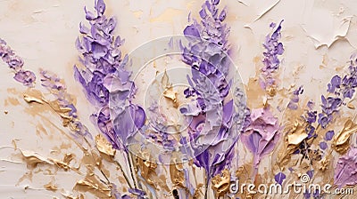 Generative AI, lavender branches hand drawn oil painting with golden leaves Stock Photo