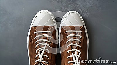 Generative AI Leather brown mens sneakers with white laces and rubber soles on gray background Flat lay top view M Stock Photo