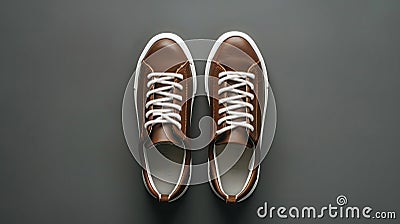 Generative AI Leather brown mens sneakers with white laces and rubber soles on gray background Flat lay top view M Stock Photo