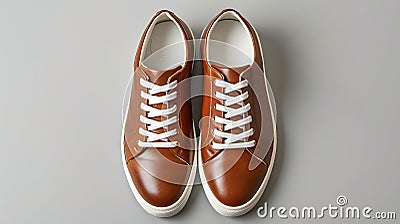 Generative AI Leather brown mens sneakers with white laces and rubber soles on gray background Flat lay top view M Stock Photo