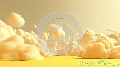 Generative AI, Light yellow fantastic 3d clouds on the floor, sky and landscape. Stock Photo