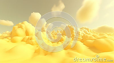 Generative AI, Light yellow fantastic 3d clouds on the floor, sky and landscape. Stock Photo