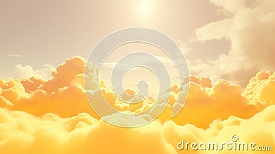 Generative AI, Light yellow fantastic 3d clouds on the floor, sky and landscape. Stock Photo