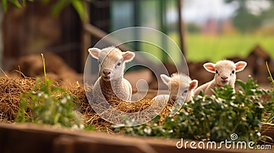 Generative AI, little lambs looking at the camera on a farm, sheeps Stock Photo