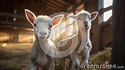 Generative AI, little lambs looking at the camera on a farm, sheeps Stock Photo