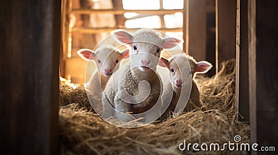 Generative AI, little lambs looking at the camera on a farm, sheeps Stock Photo