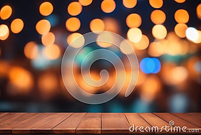 generative AI, A log dining table in front of a dreamy and hazy point light background Stock Photo