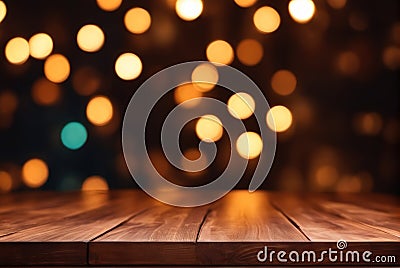 generative AI, A log dining table in front of a dreamy and hazy point light background Stock Photo