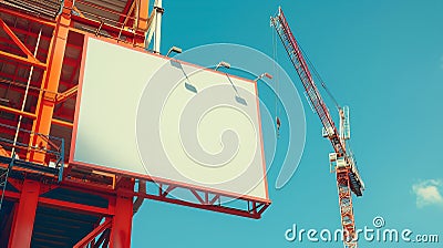 Generative AI long hoarding with empty space for mock up on construction site red crane and blue sky background ou Stock Photo